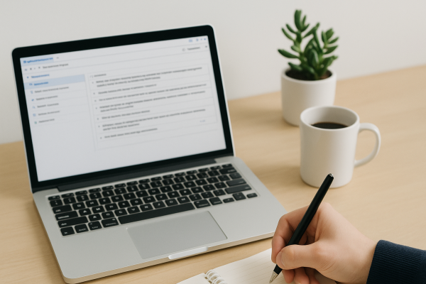 A person taking notes next to a computer