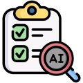 A checklist with a magnifying glass over it, with the text "AI" inside