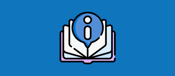 En öppen bok med ett informationstecken