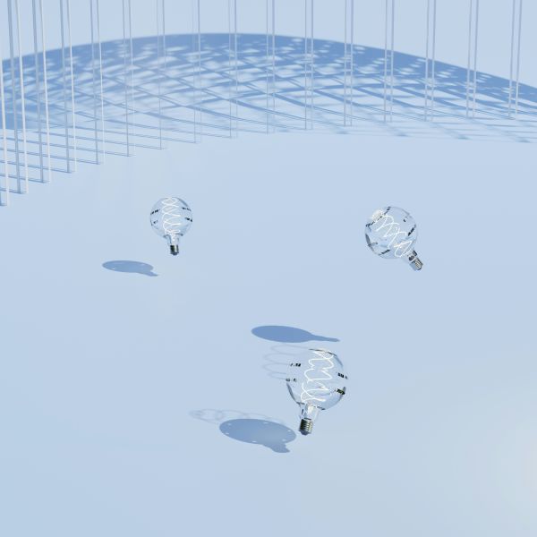 Light bulbs floating above a clear surface