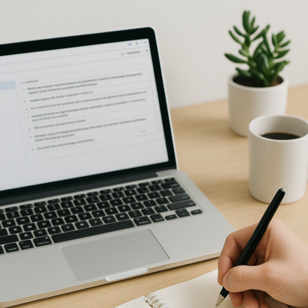 En person som tar anteckningar vid en dator